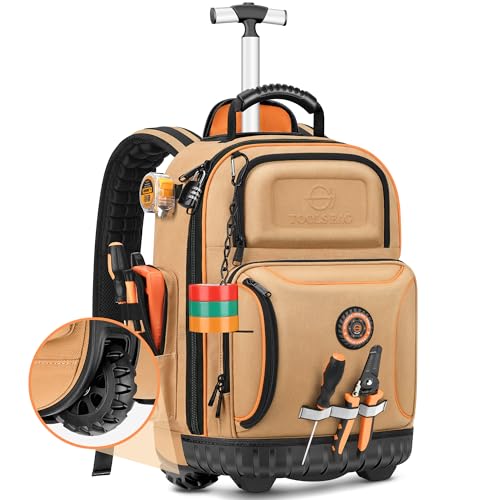 Backpack Tool Bag with Wheel, Rolling Tool Backpack for Electrician Heavy Duty Canvas Roller Tool Bag on Wheel for Construction Work, 75 Pockets & Loops Tool Backpack with Molded Base and Lock - Brown