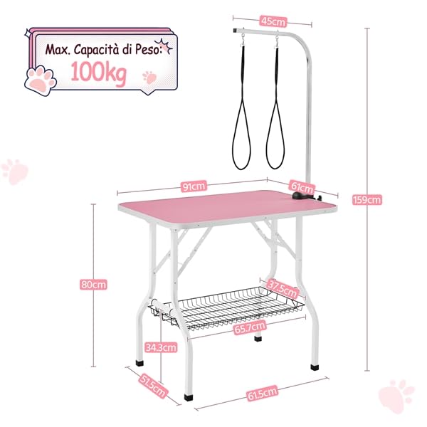 Yaheetech Tavolo da Toelettatura e Tosatura per Cani Gatti Animali Pieghevole con 2 Lacci Portata 100 kg Rosa 91 x 61 x 159 cm