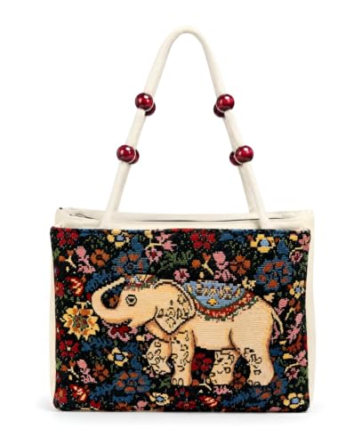 Image of Elephant Print Canvas Tote Bag for Women, Ethnic Shoulder Handbag with Multicolor Elephant Design, Dual Handle Everyday Carry Bag for Shopping, Office, College, Travel & Daily Use