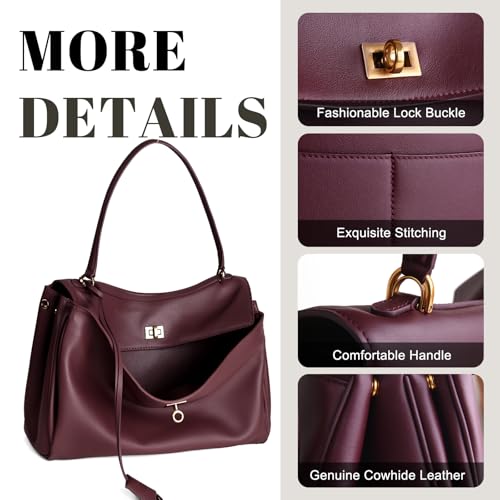 Genuine Leather Tote Bag for Women: Soft Leather Shoulder Handbags with Shoulder Strap - Ladies Satchel Crossbody Purse for Travel Work (Medium-Burgundy)4