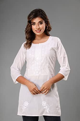 Image of Lucknowi Chikan Embroidered Short Casual White Kurti for Women