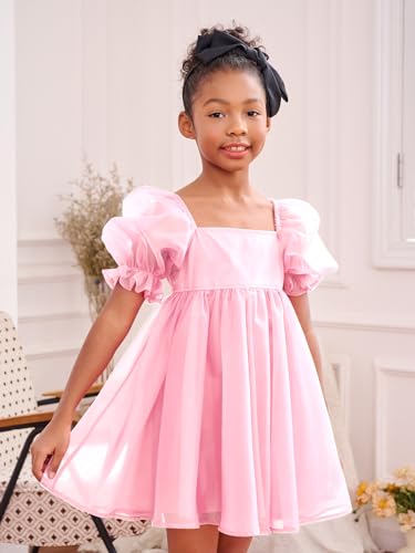 WDIRARA Girl's Mesh Short Puff Sleeve Square Neck High Waist Flared Hem Zipper A Line Dress4