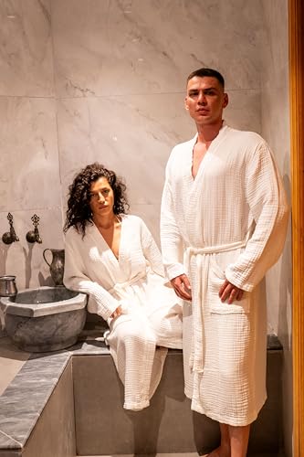 Image of Muslin Unisex Bathrobe Women & Men, 100% Cotton Kimono Lightweight Robe | Long Robes Soft, Absorbent, Spa robes