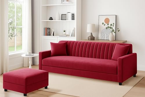 Image of Los Angeles Modern 3-Seater Wooden Sofa Set with Ottoman, Soft Velvet Upholstery, Comfortable Couch for Living Room, Office & Apartment - Red Color