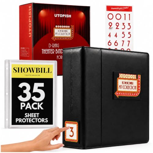 Show-Bill Binder with Sleeves - Large 4 Theater Program Holder with 35 Sheet Protectors and Numbering Stickers Included - Broadway Gift with Full-Color Logo and Numbering Panel