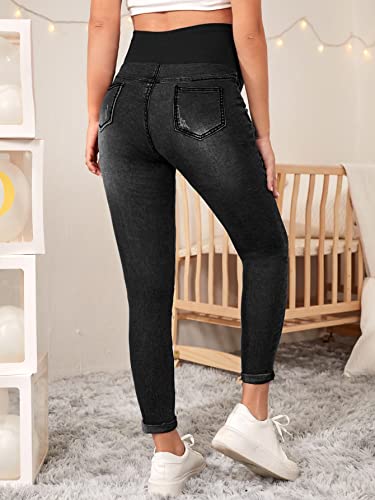 Floerns Women's Maternity High Waist Ripped Hem Denim Jeans Pants With Pocket Black M #TOP1
