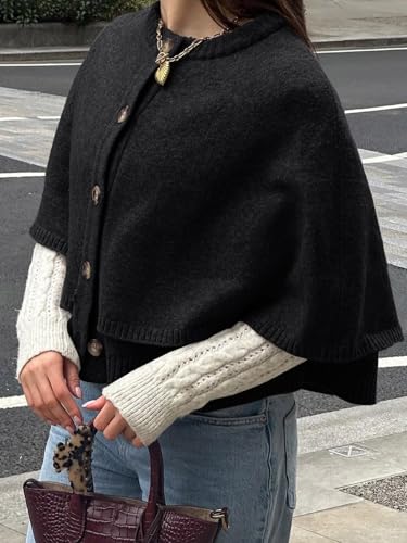 Image of Saodimallsu Womens Cropped Cape Cardigan Button Up Crew Neck Jacket Shawl Fall Trendy Knit Sweater