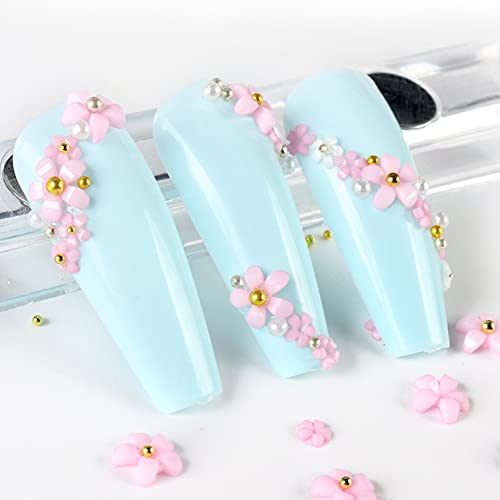 3D Flower Caviar Beads Nail Art Decals Charms for Nails, White Pink 3D Acrylic Flower Nail Charms with Pearl Golden Caviar Beads for Women DIY Manicures Salon Accessories
