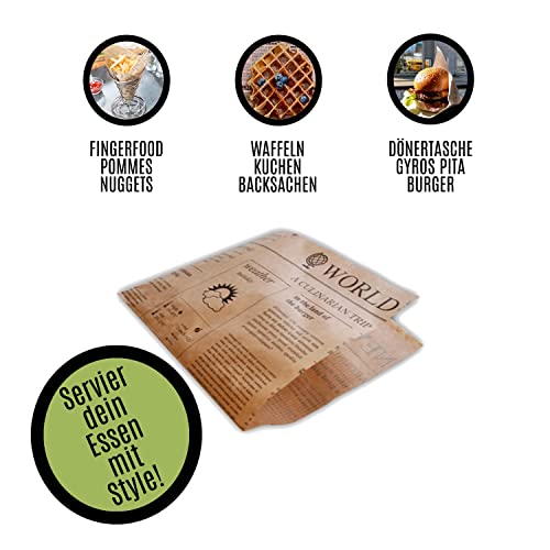 Snacktaschen | Burger Papier | Kraftpapier | Fettdicht | 50 Stück | 16x16cm | 100% Recyclebar | Umweltfreundlich | Biologisch abbaubar | Döner | Tüte | Snack | Zeitung