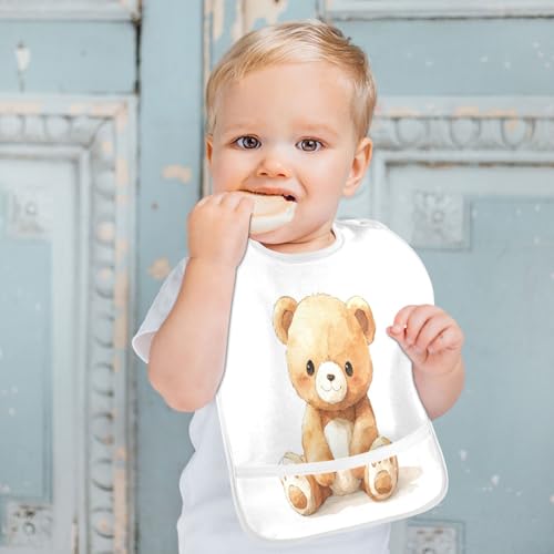MCHIVER Bear Brown Baby Bibs for tag1 Waterproof Feeding Bib Apron with Food Cather Adjustable Cotton Food Eating Bib 2 Pack4