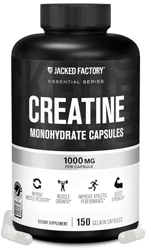 Jacked Factory Creatine Monohydrate Capsules - Creatine Pills for Muscle Growth, Increased Strength, Enhanced Energy Output and Improved Athletic Performance - 150 Capsules