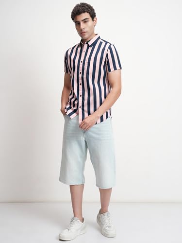 Image of Highlander Men's Slim Fit Short Sleeves Striped Casual Shirt | Vertical Stripes | Sleek & Relaxed Everyday Wear
