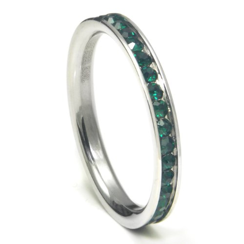 Metal Factory 316L Stainless Steel Deep Green Cubic Zirconia CZ Eternity Wedding 3MM Band Ring
