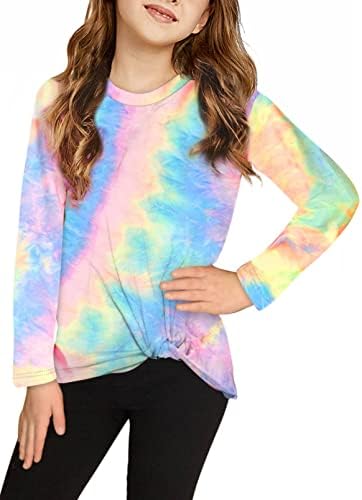 Dokotoo Tie Dye Sweatshirts for Girls Cute Neon Fall Long Sleeve Knot Front T Shirts for Teen Girls Casual Loose Crewneck Pullover Tops Blouses for Kids Birthday Light Blue Size 10-11