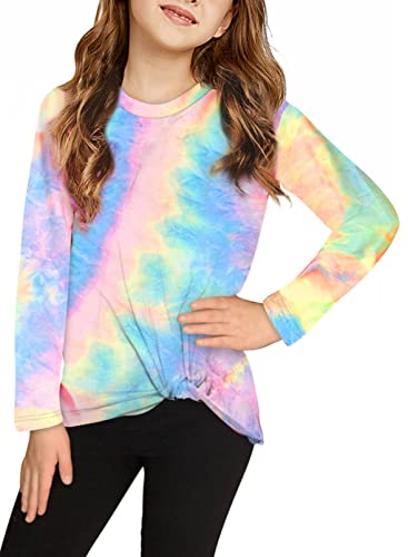 Dokotoo Tie Dye Sweatshirts For Girls Cute Neon Fall Long Sleeve Knot Front T Shirts For Teen Girls Casual Loose Crewneck Pullover Tops Blouses For Kids Birthday Light Blue Size 10-11 #TOP6