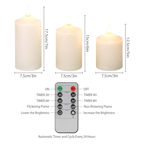 Image of JHY DESIGN 3D Flameless Candles Set 4 /5 /6inch High Real Wax Battery Candle Pillars Flickering LED Candles with 8-Key Remote Control Timers for Home Wedding Party Christmas Decoration (Set of 3)
