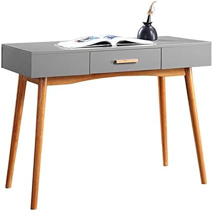 Oslo Mid-Century Gray Writing Desk with Bamboo Handle and Drawer