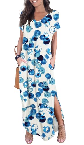 Image of GRECERELLE Women's Summer Maxi Dress Casual Loose V Neck Short Sleeve Side Split Long Dresses with Functional Pockets