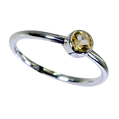 Bague en argent véritable avec pierre précieuse citrine ronde