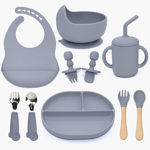 Image of SILI FACTORY Silicone Baby Feeding Set - 10PCS Suction Baby Bowl and Divided Toddler Plates Adjustable Bib Cup Spoons Forks -Baby Led Weaning Supplies, Baby Utensils Eating Essential Set for 6+ Months