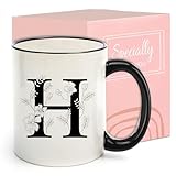 Monogram Ceramic Coffee Mugs, 11 oz Initial Drinking Cup with Gift Box, Unique Birthday Christmas Gifts for Women Wife Mothers Day Grandma Mom Aunt, H
