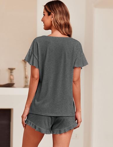 Image of Ekouaer Women's Pajama Set Ruffle Sleeves Top and Short | 2 Piece Ruffle Hem Sleeves Top and Shorts Pjs Set, Soft Short Sleepwear Set, Elastic Waistband Design