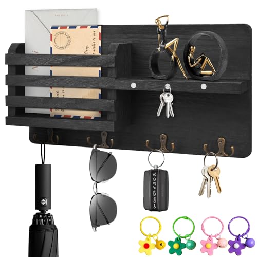 SAMISO Llavero de Madera para Pared,Revistero Pared Organizador,Ganchos para Llaves Montados en la Pared con 4 Ganchos para Llaves,Cartas,periódicos para Entrada,Dormitorio,Salón(Negro)