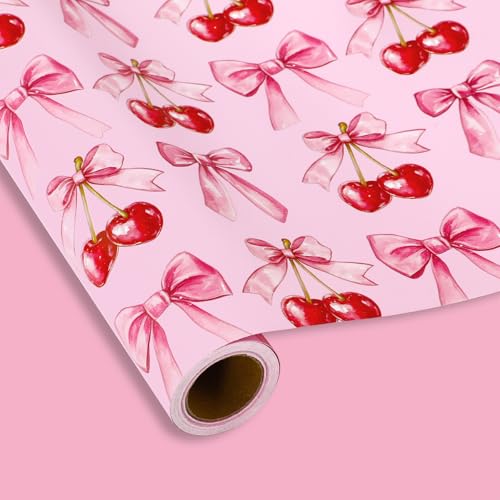 JarThenaAMCS Cherry Bow Wrapping Paper -Mini Roll- 17 In x 32.8 Ft Pink Coquette Bowknots Double Sided Gift Wrap Paper for Holiday Wedding Girl Baby Shower Birthday Bachelorette Party