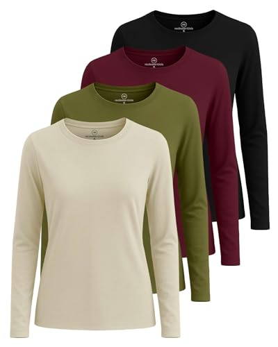 Real Essentials 4 Pack: Women's Cotton Classic-Fit Long-Sleeve Crewneck T-Shirt (Available in Plus Size)