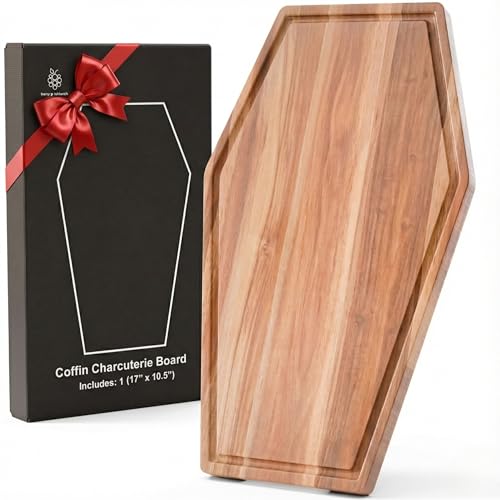 Large Coffin Charcuterie Board - Gothic Acacia Wood Coffin Shaped Cutting Board 17x10.5inch, Halloween Wooden Serving Tray, Goth Platter, Spooky Decor Gifts