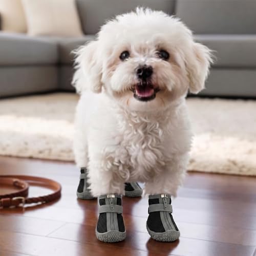 Atmungsaktive Hundeschuhe 4 Stück, Hundestiefel mit Reflektierendem Band und Rutschfester TPR-Sohle, Pfotenschutz für tägliche Spaziergänge für Kleine Hunde (Schwarz, 3)
