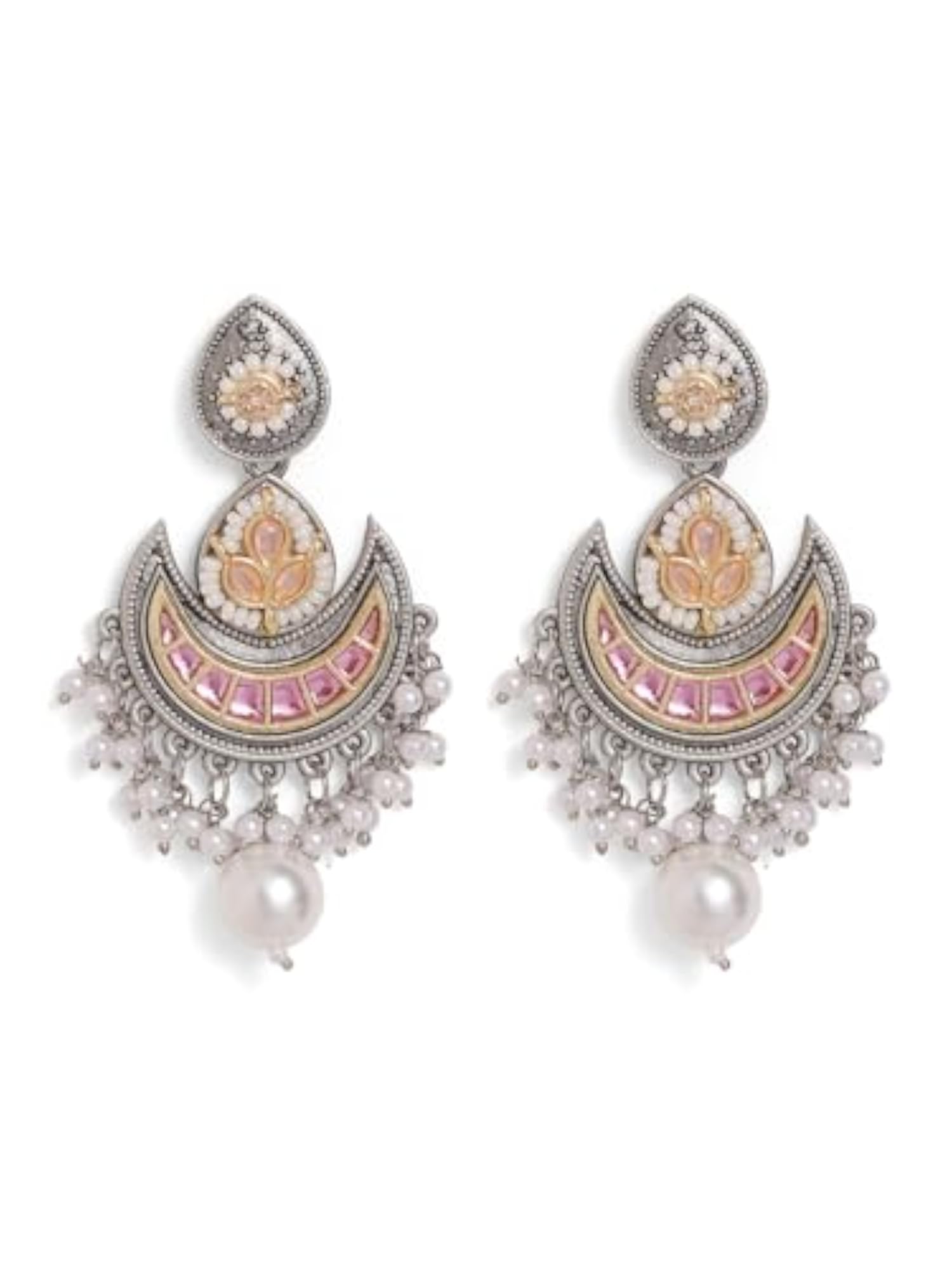 Women's Pink Colour Silver Plated Pearl Chandbali Earrings