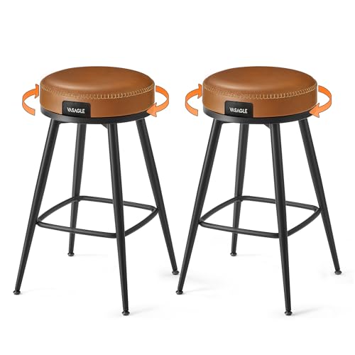 VASAGLE-EKHO-Collection-Swivel-Bar-Stools-Set-of-2-Counter-Height-Backless-Bar-Stools-Synthetic-Leather-with-Stitching-Mid-Century-Modern-256-Inch-Tall-Kitchen-Barstools-for-Home-Caramel-Brown VASAGLE EKHO Collection Swivel Bar Stools Set of 2 Counter Height Backless Bar Stools Synthetic Leather with Stitching Mid Century Modern 256 Inch Tall Kitchen Barstools for Home Caramel Brown