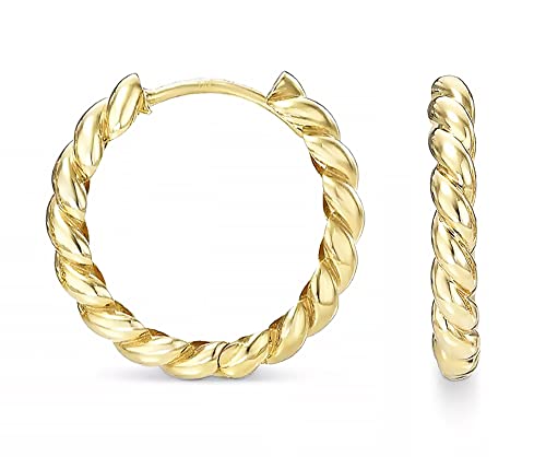 Solid 14k Gold Twisted Rope Round Huggie Hoop Earrings in Rose Gold, White Gold and Yellow Gold