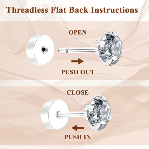Hypoallergenic Flat Back Earrings for Women 20G Surgical Stainless Steel Studs Earrings Cubic Zirconia Cartilage Earring for Sensitive Ears 2mm 3mm 4mm3