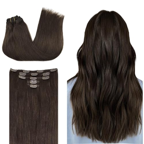 DOORES Hair Extensions Clip in Human Hair, 75g 5pcs Light Dark Brown 16 Inch Real Clip in Human Hair Extensions Remy Natural Hair Extensions Straight