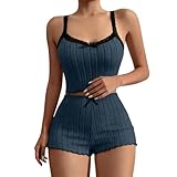 QJDFLL Ärmelloser Pyjama mit Spitzenbesatz, Bequeme Schlafshorts, Home Outfit(Marine,L)