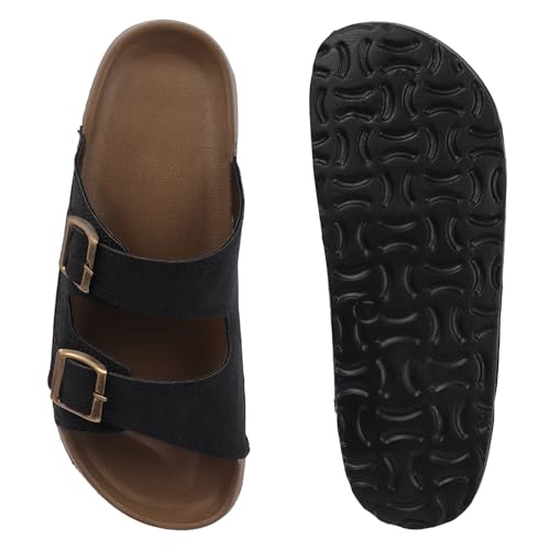 Image of Men's Double Buckle Sandals | Adjustable Strap Slip-On Comfort Slides | Cushioned Footbed Anti-Skid Casual Slippers for Regular Wear Indoor Outdoor