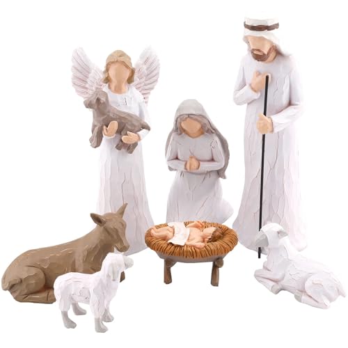 Juego de belén de Navidad, belén, juego de figuras de belén, escultura tallada a mano, regalos de decoración del hogar, incluyendo una figura de ángel, la familia de tres de Jesús, dos ovejas blancas