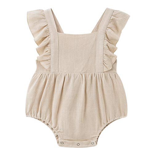 Simplee kids Baby Girls Handmade Cotton Linen Romper Sleeveless Newborn Infant Baby One-Piece Jumpsuit Khaki 12-18 Months