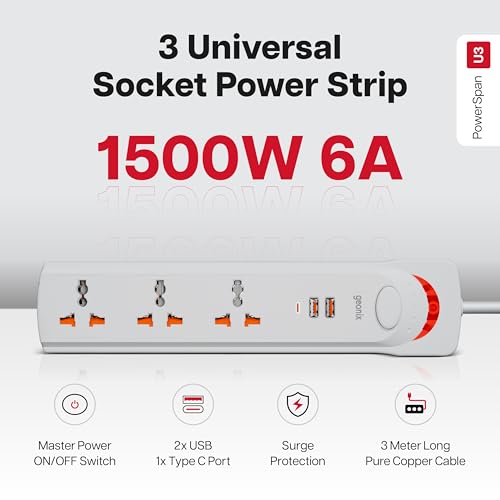 Image of Geonix PowerSpan U3 | Extension Board /Strip, 1500 Watts, 6 Amps, 1x Type C Port, 3X Universal Socket, 2X USB Port, LED Indicator, On /Off Switch, Wall Mountable, 3mtr Long Copper Cable (White)