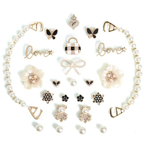 Iradiettes 24pcs Bling Cute Shoe Charms for Women Flower Butterfly Cub Pearl Chain Sparkle Rhinestones Pearl Shoe Decoration Charms DIY Shoe Accessories for Party Favor