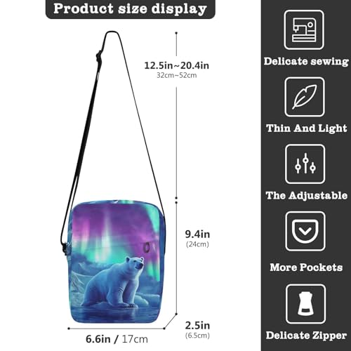 Crossbody Bag Purse Aurora Polar Bear Print for Women Men, Shoulder Pouch with Adjustable Strap 6.6×2.5×9.4 IN3