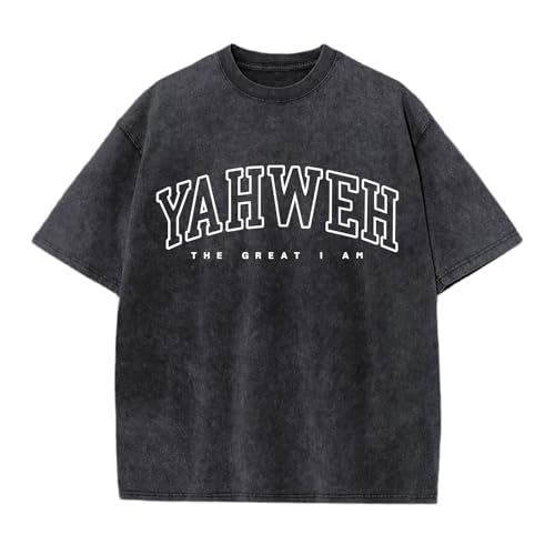 Wedsadl Christian Yahweh Religious Shirts for Boys Kids Jesus God Bible Verse Shirt Oversized Graphic Tees Acid Wash Tshirt(Black 150)