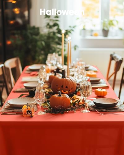 Image of Pureegg Orange Plastic Table Cover Protector - 100% Waterproof & Spill-Proof Table Cloth for Rectangle Table, Orange Tablecloth for Inside & Outside Dining, Party, 54 inch x 71.5 inch