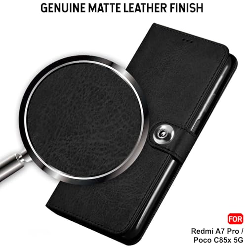 Image of TheGiftKart Genuine Leather Finish Flip Back Cover Case for Mi Redmi A7 Pro /Poco C85x 5G / C81 | Inbuilt Pockets & Stand | Designer Button Magnet Flip Back Cover Case (Faux Leather, Black)