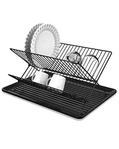 AwmnSrman Égouttoir à Vaisselle Noir - Égouttoir à Vaisselle Pliable en Acier Inoxydable 304 - Égouttoir à Vaisselle avec Porte-Tasse - Bac d'égouttement pour égouttage Rapide