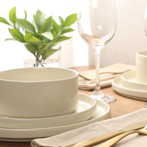 Image of Gibson Elite Avant-Garde 12 Piece Stoneware Dinnerware Set for 4, Linen White Plates and Bowls Set with Reactive Glaze, Includes Dinner Plates, Salad Plates and Bowls