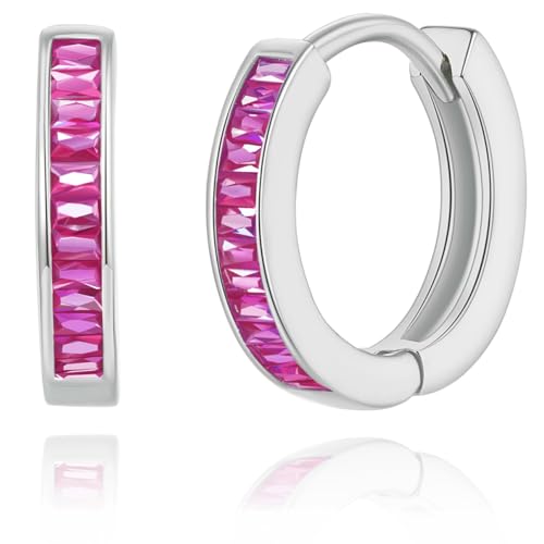 GLOQUAT CZ Silver Pink Huggies Small Hoop Earrings for Women Vintage Fuchsia Purple Pink Hoop Earrings Fashion Round Circle Huggie Earring for Women Hypoallergenic Earrings Gifts 10mm
