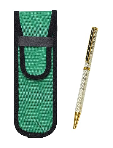 布ペンケース緑 真鍮六角回転ホリ金ボールペンセット 銀 T23-NK02G-6KSBP-S